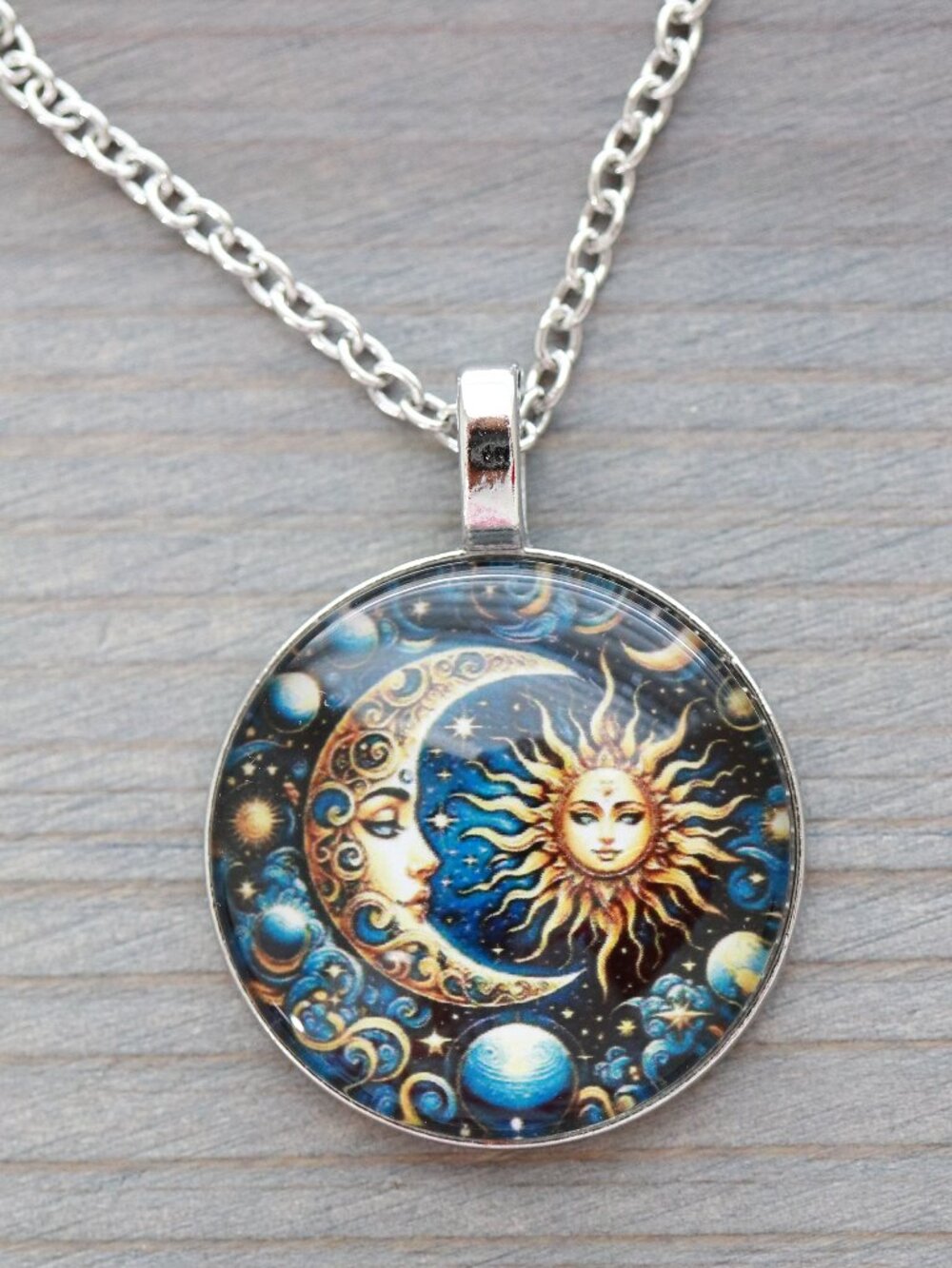 Sun & Moon Round Style Pendant Necklace Silver Stainless Steel